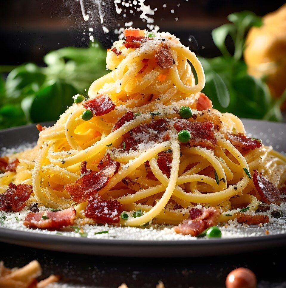 Teler mit Spaghetti Carbonara und knusprigem Speck